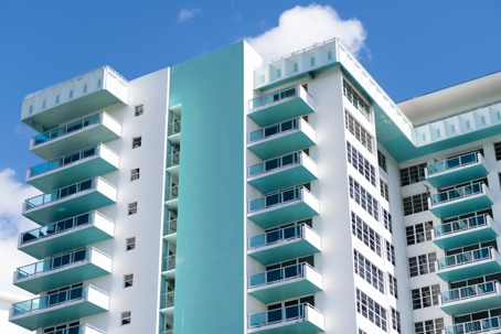 Miami Beach in Ocean Drive, USA. Art Deco building architecture. Architectural building. Art deco. Architectural district Art Deco. Modern condominium building of Miami beach. Ocean drive stock photo